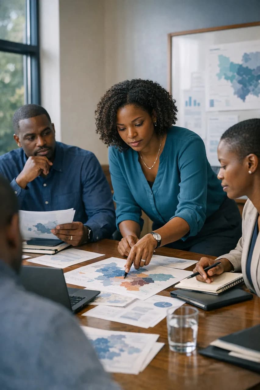 African analytics professionals reviewing printed maps, reports, and planning materials in a premium institutional workspace.