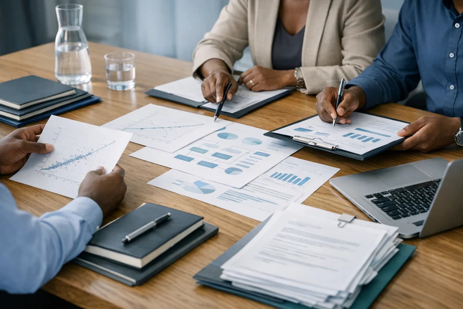 Analytics professionals reviewing calibration plots, governance materials, and analytical documentation around a structured meeting table.