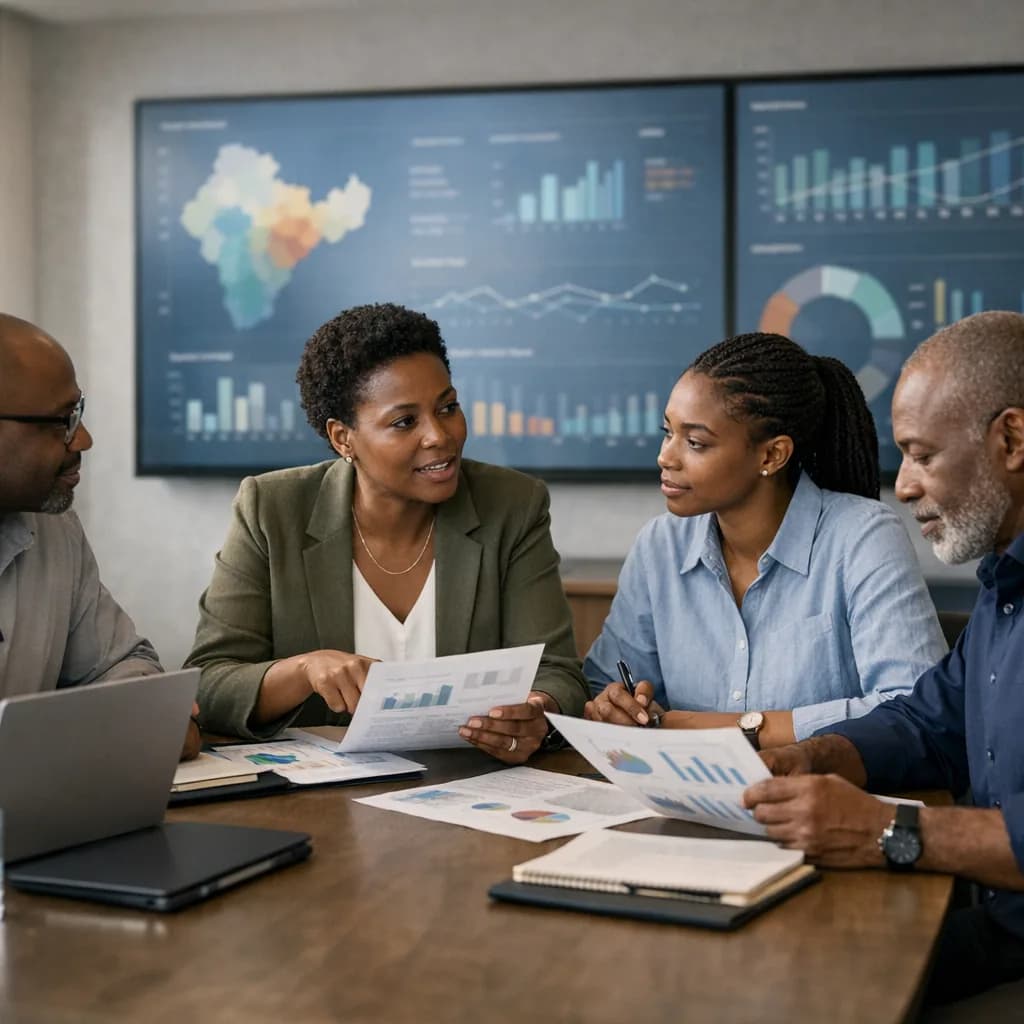 African public-health and analytics professionals reviewing cohort charts, printed reports, and population dashboards in an institutional analytics workspace.