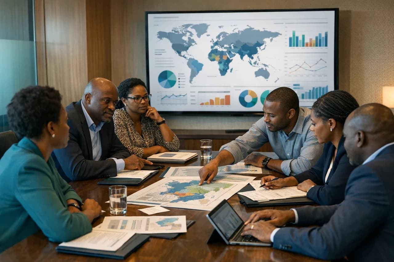 Institutional partnership workshop with African professionals reviewing planning materials and analytics dashboards.