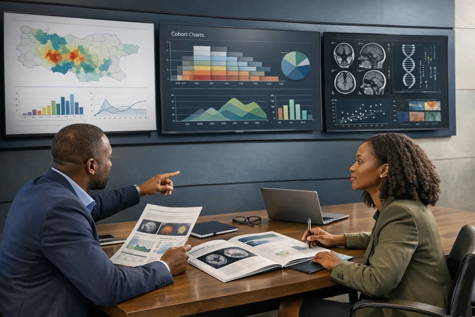 Analytics professionals reviewing population maps, cohort charts, imaging thumbnails, and research graphics across a multimodal analytics workspace.